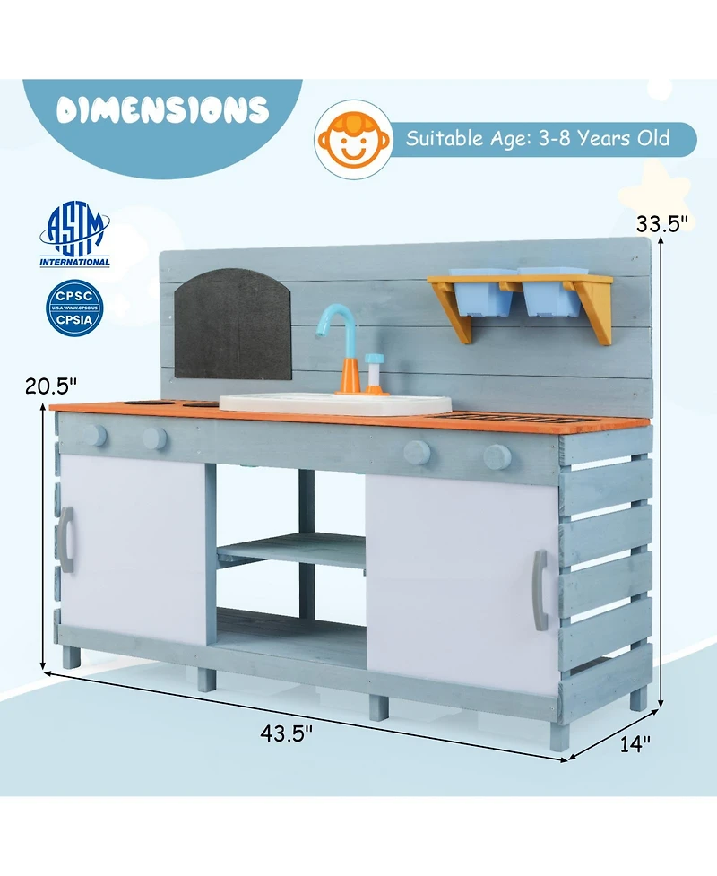 Hongge Wooden Outdoor Mud Kitchen Playset With Faucet Chalkboard And Storage Shelves