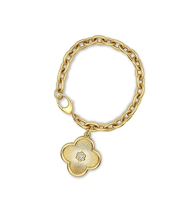 Bowood Lane 25mm Clover Charm with Micro Pave Cz Center On A Gold Plated Oval Chain Bracelet