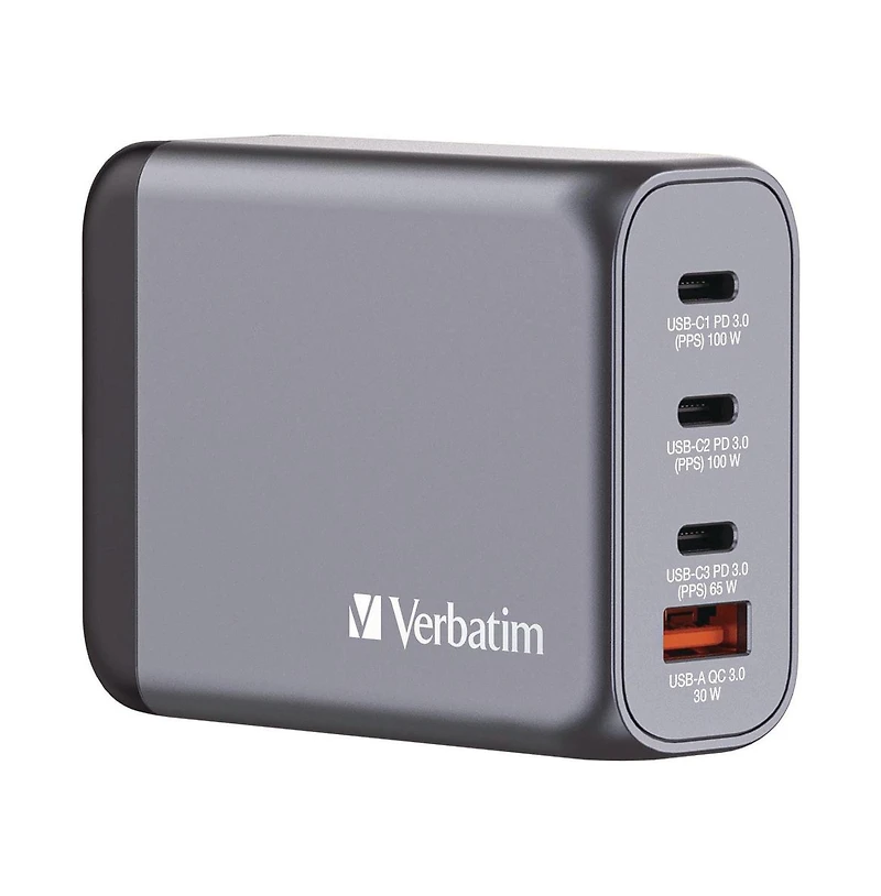 Verbatim 32202 100 Watts 4-Port GaN Wall Charger - Black/Gray