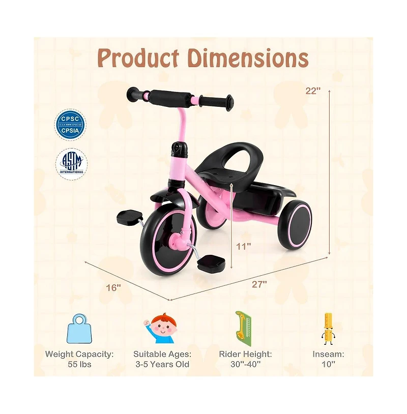 Kids Toddler Tricycle with Adjustable Seat Storage Basket and Safe Steering Design