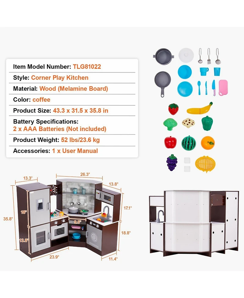 Wooden Corner Play Kitchen with Lights Sounds and Accessories