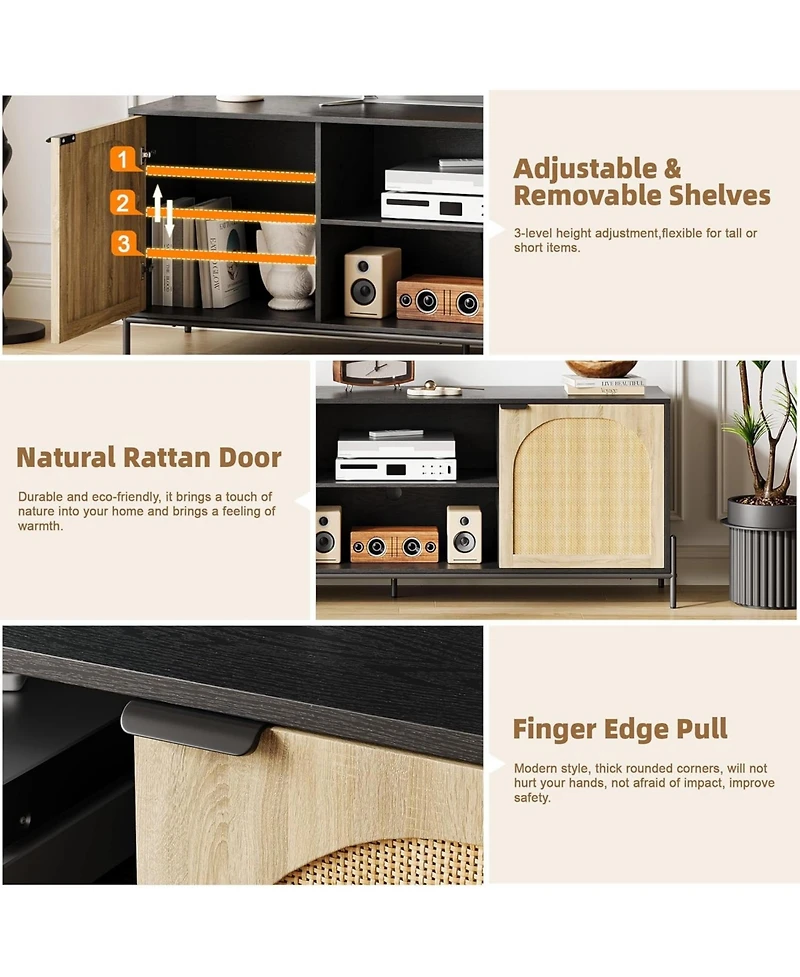 gaomon Rattan Tv Stand for 75" Tv, Mid-Century Entertainment Center with Adjustable Shelf and Storage