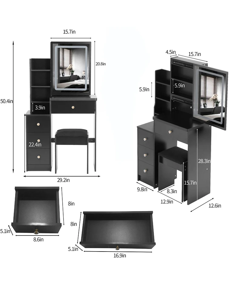 Streamdale Furniture Streamdale Compact Bedside Vanity Table with Led Mirror