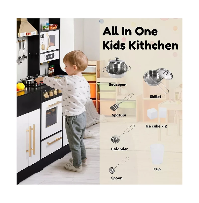 Kinder King Wooden Kids Play Kitchen, Pretend Kitchen Playset w/Sounds for Toddlers.