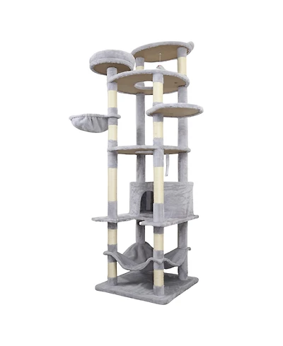 Zeus & Ruta 78.8 Light Gray Cat Tree Wide Base Large Condo 12 Sisal Posts Hammock Top Platform Interactive Toy