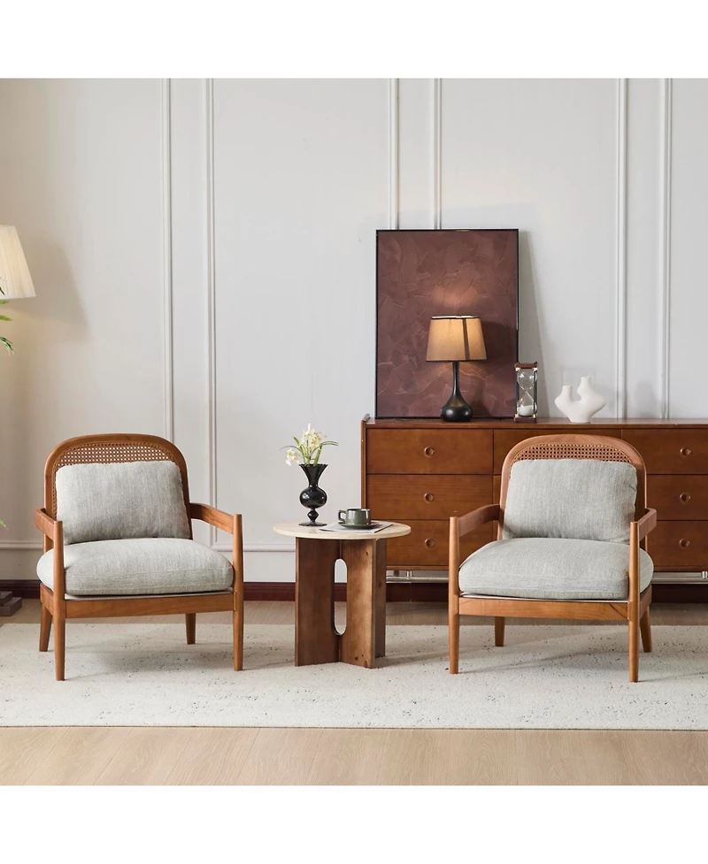 Streamdale Furniture Mid-Century Modern Accent Chair - Walnut & Rattan, Grey-Green Cushion (Set of 2)