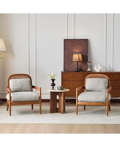 Streamdale Furniture Mid-Century Modern Accent Chair - Walnut & Rattan, Grey-Green Cushion (Set of 2)