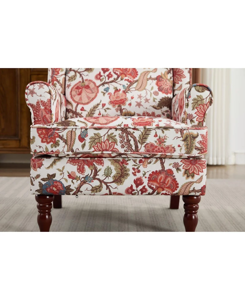 Streamdale Furniture Floral Red Accent Chair with Wood Legs