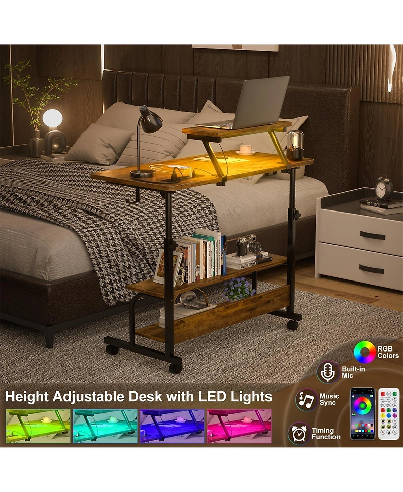 Aheaplus Small Standing Desk with Power Outlets and Led Light, Mobile Lift Top Desk with Monitor Stand