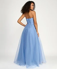B Darlin Juniors' Asymmetric Drape Strapless Ball Gown
