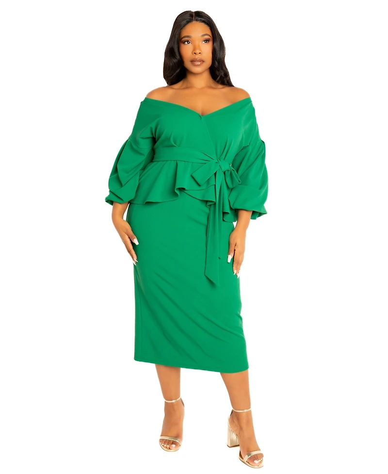Buxom Couture Women's Plus Off Shoulder Peplum Midi Dress