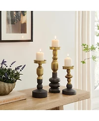 Danya B Nara Antique Brass and Vintage Wood Taper Candle Holders - Set of 3
