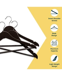 Lifemaster 20-pack brown wooden hangers with 360°, non-slip notches, and pants bar. Supports up to 10 lbs—perfect for suits, dresses, coat
