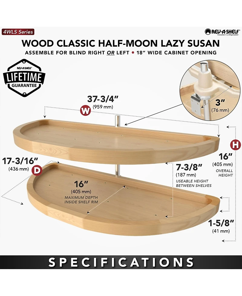 Rev-a-Shelf 37.75" Lazy Susan Half-Moon Shaped 2-Shelf Turner, 4WLS882-38-570