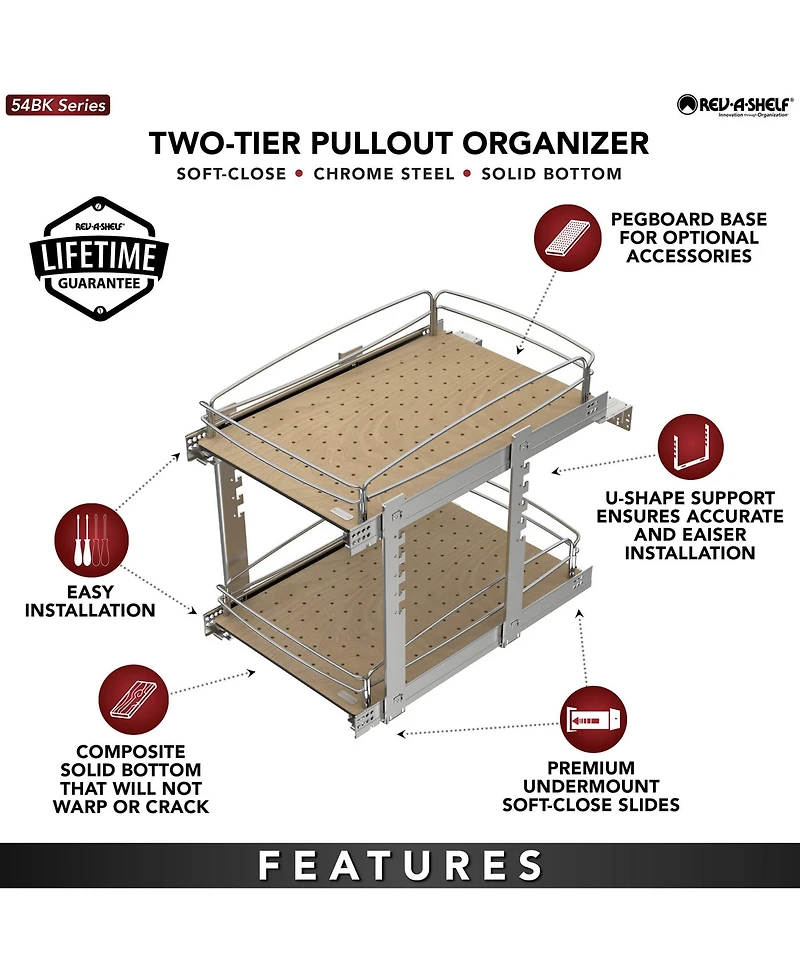Rev-a-Shelf Two-Tier Solid Bottom Pullout Base Cabinet Organizer, 54BK-18SC-2-1