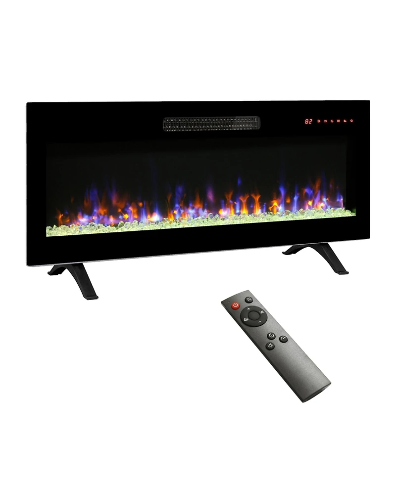 Flynama 42" recessed ultra-thin wall-mounted electric fireplace with tempered glass, remote, Led heater, multi-color flame & emberbed