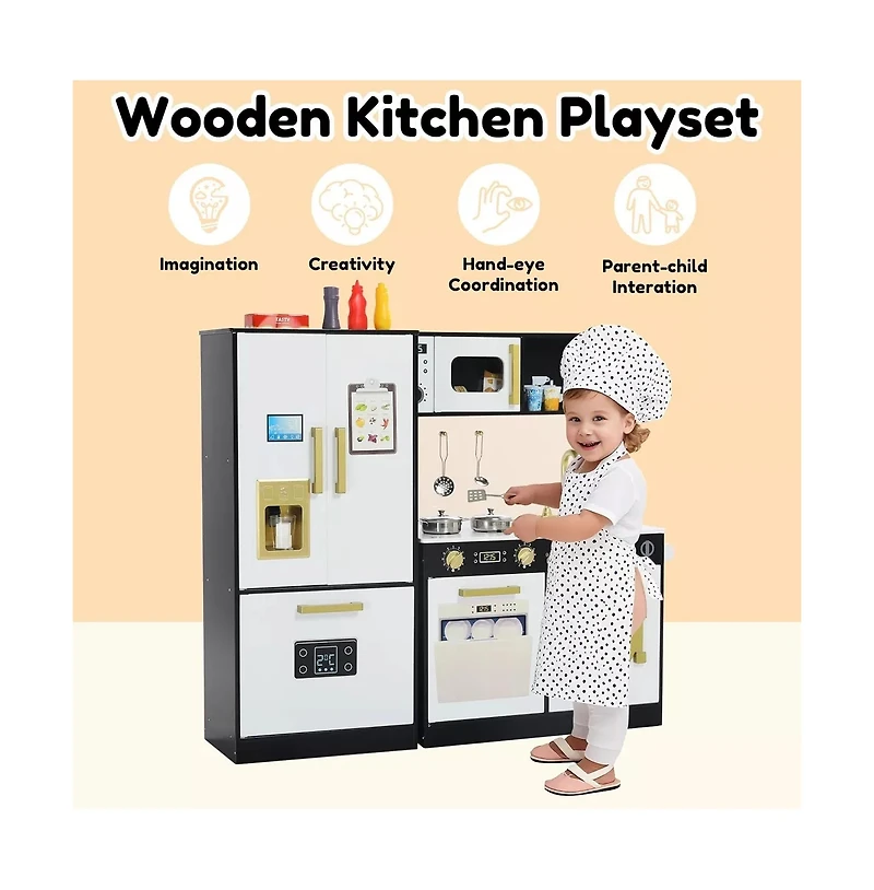 Kinder King Pretend Play Kitchen Wooden Toy Set for Kids with Sounds, Utensils, Oven & Microwave, Gift Age 3+