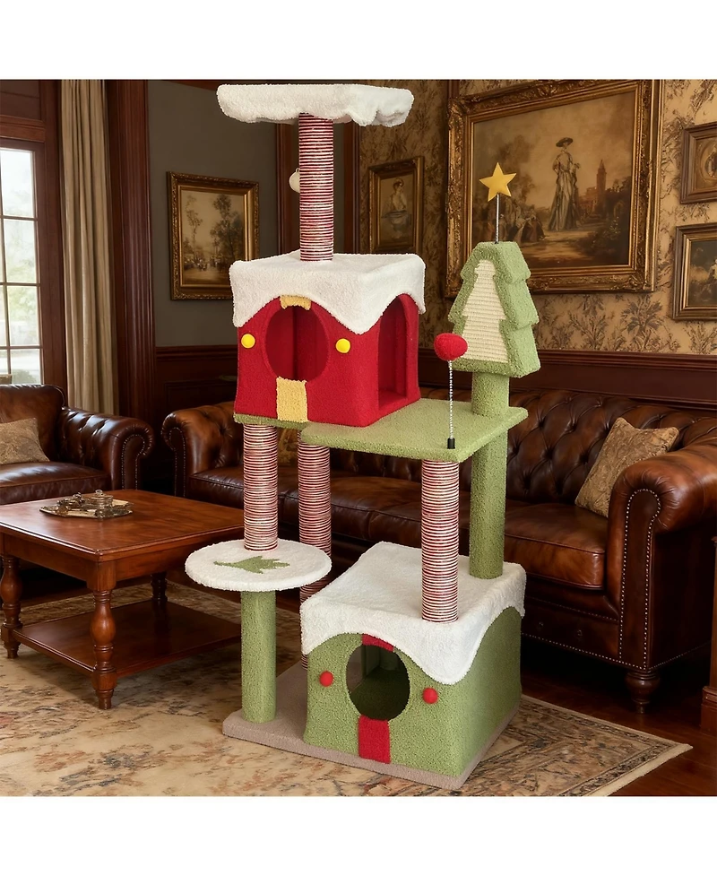 Zeus & Ruta Particle Board 54" 2 Condos + Anti-Tip Design Christmas Cat Tree