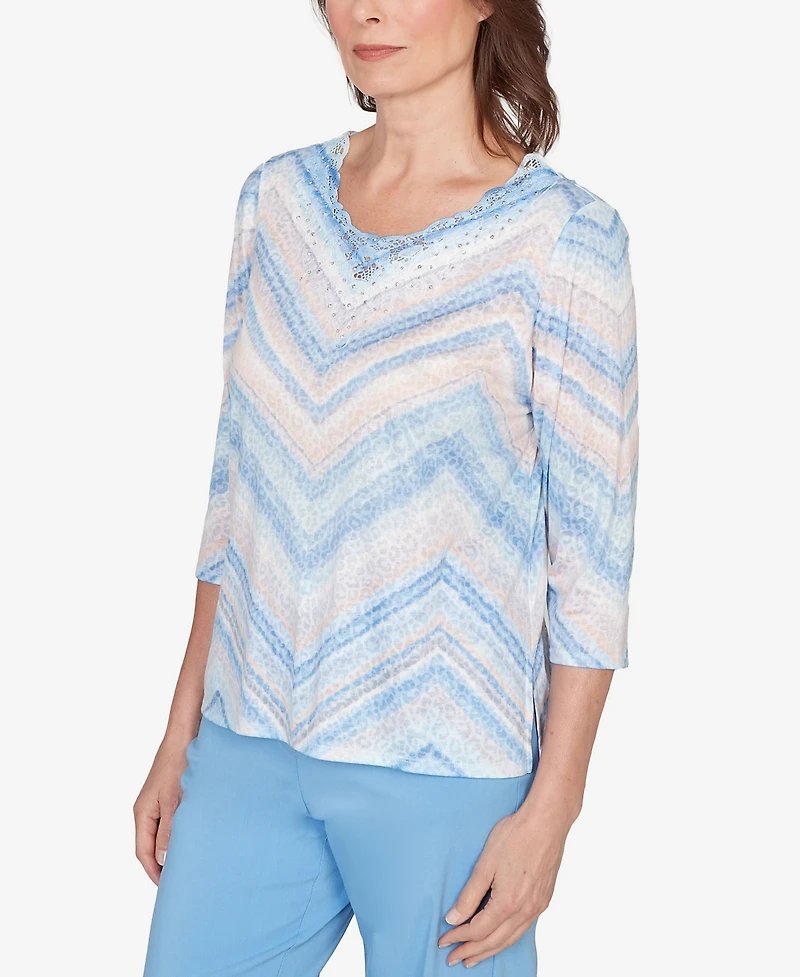 Alfred Dunner Petite St. Augustine Chevron Print Lace Trim Crew Neck Top