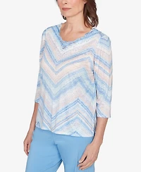 Alfred Dunner Petite St. Augustine Chevron Print Lace Trim Crew Neck Top