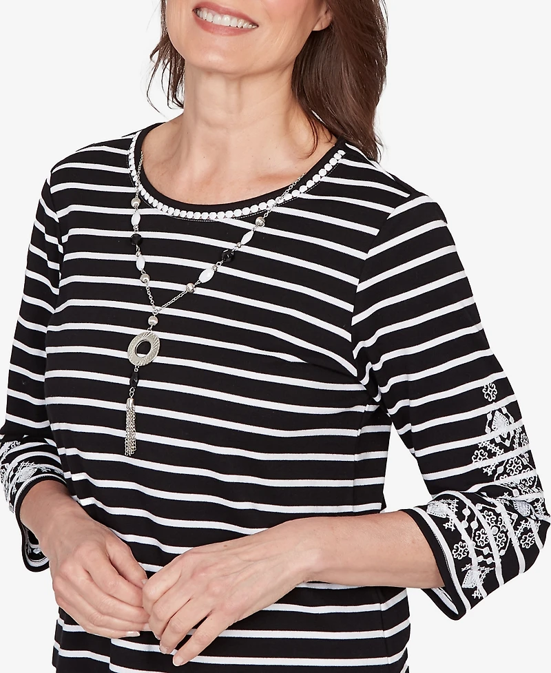 Alfred Dunner Petite Classic Pinstripe Embroidered Sleeve Top with Necklace