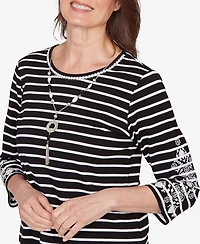 Alfred Dunner Petite Classic Pinstripe Embroidered Sleeve Top with Necklace