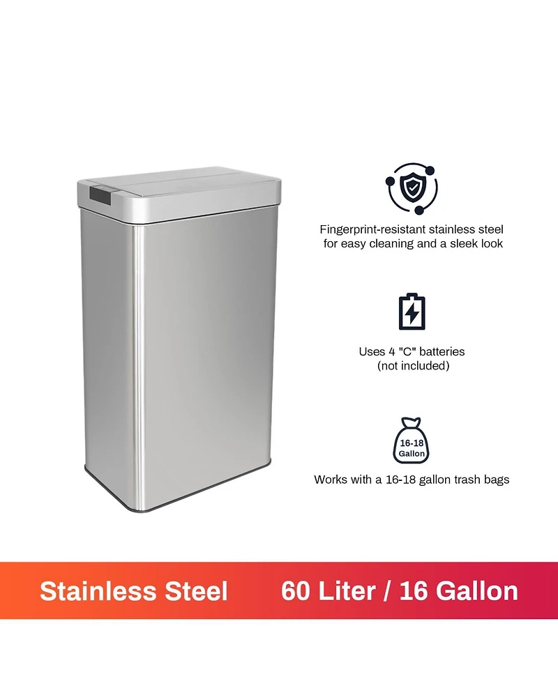 Mega Casa 16 Gallon Stainless Steel Slim Motion Sensor with Butterfly Lid Trash Can