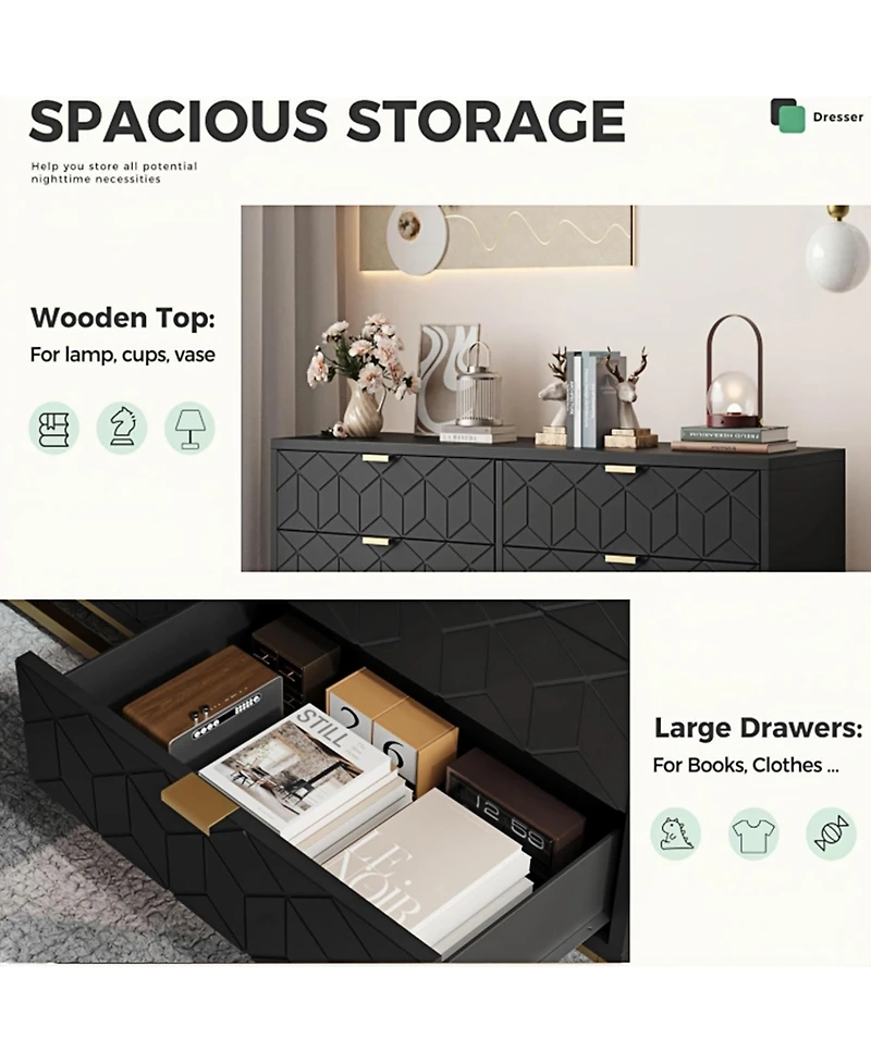 gaomon Dresser for Bedroom, 53.5" Large Organizer, 6 Drawer with Golden Metal Handle and Legs