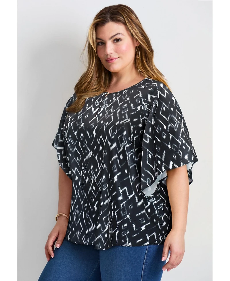 Avenue Women's Flutter Sleeve Keyhole Blouse