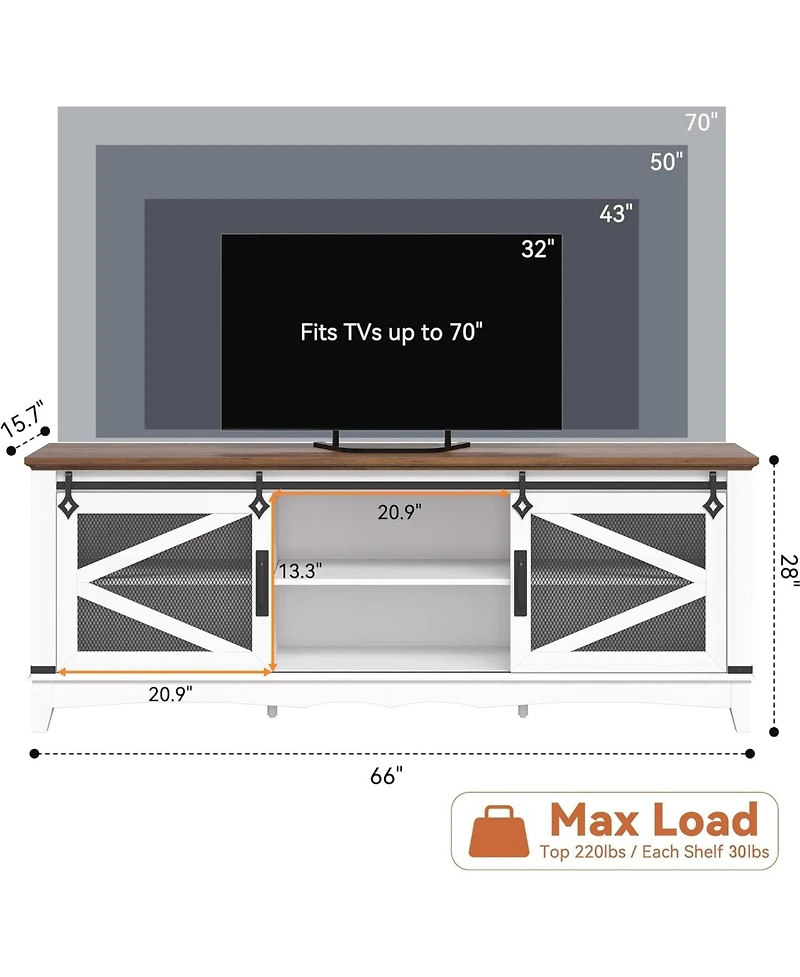 gaomon Modern Tv Stand for Living Room 65" Entertainment Center with Storage Sliding Barn Doors and Adjustable Shelf White