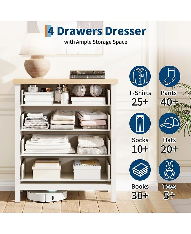 gaomon Fluted Dresser for Bedroom, Chest of Dressers, 35inch Tall Dresser for Closet with 4 Fluted Drawers, Chest with Clothes Storage Cabinet, White