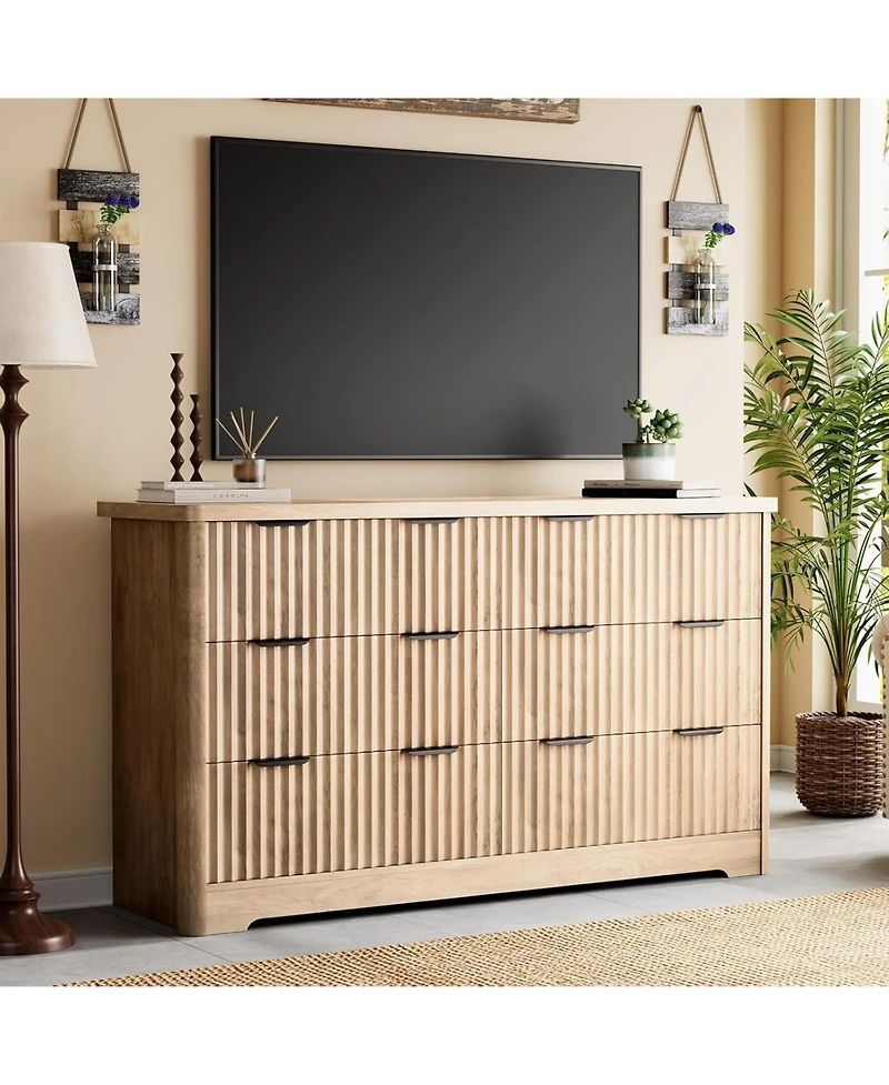 gaomon 6-Drawer Modern Fluted Wood Dresser Bedroom Storage Cabinet Minimalist Chest of Drawers with Wavy Grooves for Home, Sturdy, Natural