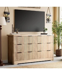 gaomon 6-Drawer Modern Fluted Wood Dresser Bedroom Storage Cabinet Minimalist Chest of Drawers with Wavy Grooves for Home, Sturdy, Natural