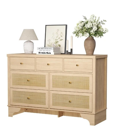 gaomon 7-Drawer Modern Dresser for Bedroom, Wood Chest with Natural Rattan Fronts, Sturdy Base, Organizer for Living Room, Entryway