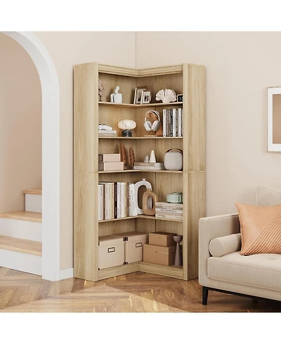 gaomon 5-Tier Farmhouse Corner Bookcase, 71.8" L-Shaped Wood Display Shelf with Storage, Living Room, Home Office