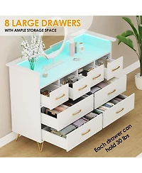 gaomon 8-Drawer Modern Dresser with Led Light & Charging Station, Wooden Chest, Open Shelf, Bedroom, Living Room
