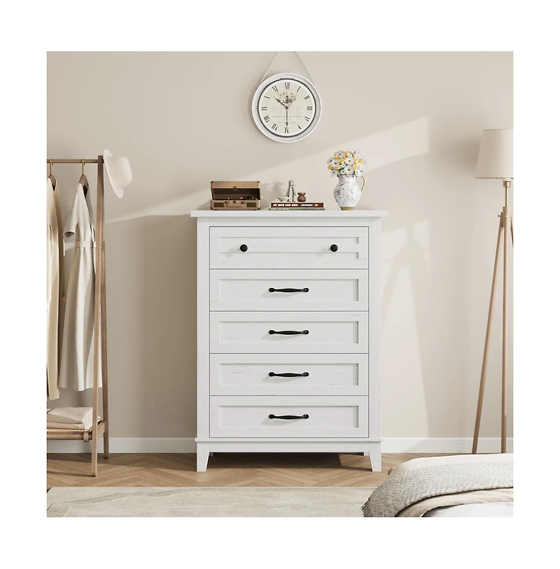 gaomon 5-Drawer White Freestanding Wooden Chest, 41.3" Tall, Vertical Dresser for Living Room, Bedroom, Entryway