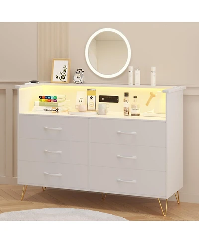 gaomon 6 Drawer Pink Dresser for Bedroom with Led Light, Modern Storage Chest Organizer