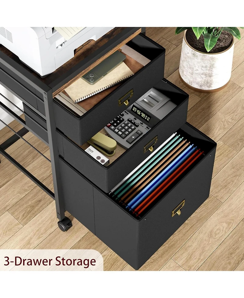 gaomon 3-Drawer Compact Mobile Filing Cabinet with Stylish Fabric, Storage Solution with Legs & Wheels, Bedroom, Black
