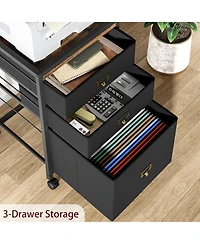 gaomon 3-Drawer Compact Mobile Filing Cabinet with Stylish Fabric, Storage Solution with Legs & Wheels, Bedroom, Black