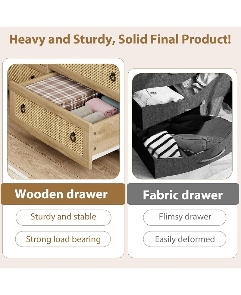 gaomon 3-Drawer Natural Rattan Dresser, Freestanding Storage Cabinet, Anti-Tip, Extra Deep Drawers, Bedroom, Nursery, Living Room