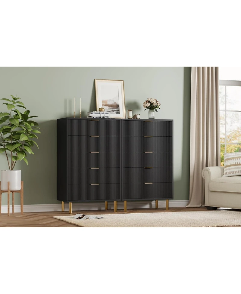 gaomon 5-Drawer Modern Black Dresser, Gold Handle, Large Wood Double Chest, Storage Organizer for Bedroom, Living Room, Entryway