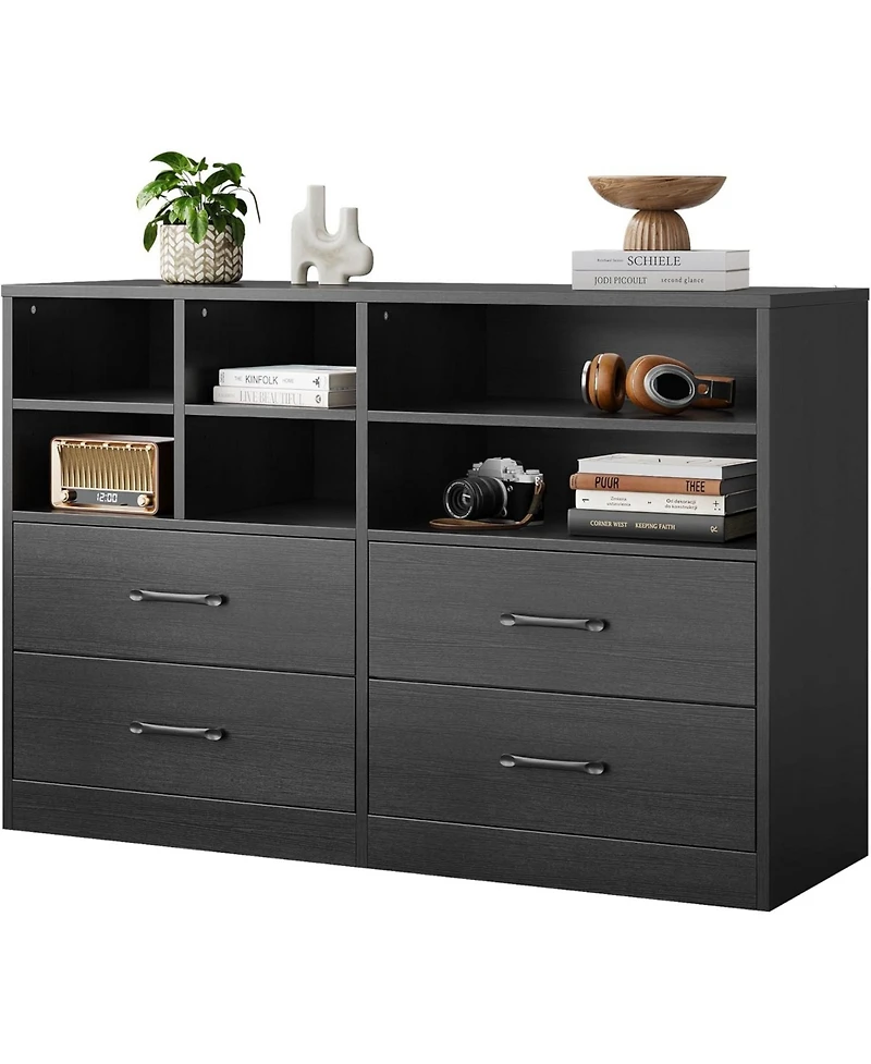 gaomon 4-Drawer Black Bedroom Dresser, 6 Open Shelves, Modern Tv Stand, Space-Saving Cabinet for Living Room