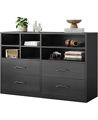 gaomon 4-Drawer Black Bedroom Dresser, 6 Open Shelves, Modern Tv Stand, Space-Saving Cabinet for Living Room