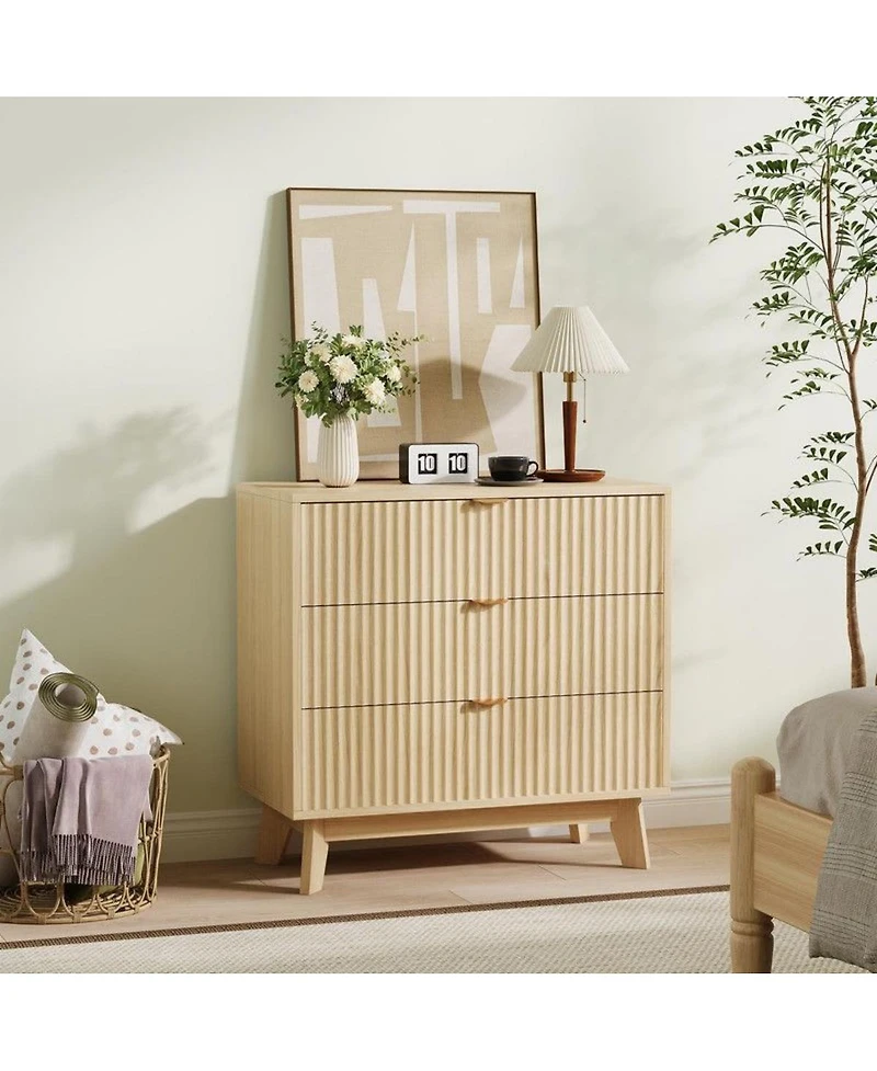 gaomon 3-Drawer Mid Century Modern Dresser with Tall Fluted Waveform Drawers, Wood Organizer for Bedroom, Living Room, Hallway