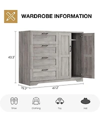 gaomon Modern Wooden Dresser for Bedroom, 43.3" 2-Door Wardrobe Armoire, 4 Drawers, Hanging Rod, Storage Cabinet