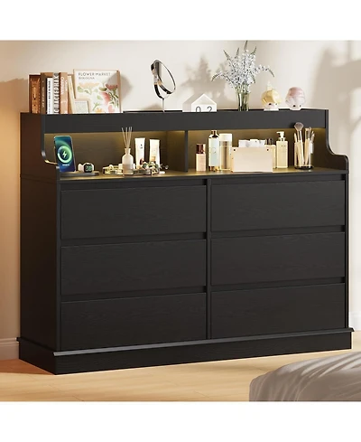 gaomon 6-Drawer Black Dresser with Led Lights, Charging Station, Wide Chest, Modern Large Capacity Storage for Living Room, Hallway