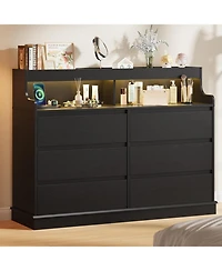 gaomon 6-Drawer Black Dresser with Led Lights, Charging Station, Wide Chest, Modern Large Capacity Storage for Living Room, Hallway