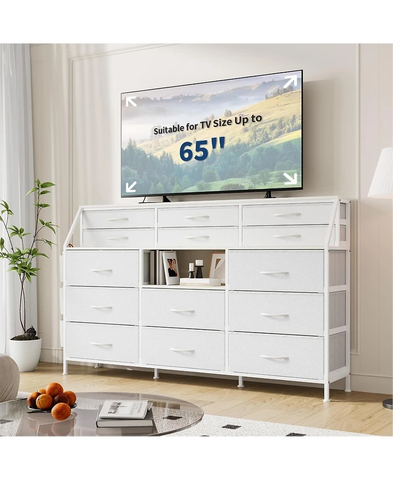 gaomon 14 Foldable Fabric Drawer Dresser with Wood Top, Tv Stand, Open Shelves, Metal Frame, Bedroom, Living Room, White