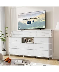 gaomon 14 Foldable Fabric Drawer Dresser with Wood Top, Tv Stand, Open Shelves, Metal Frame, Bedroom, Living Room, White